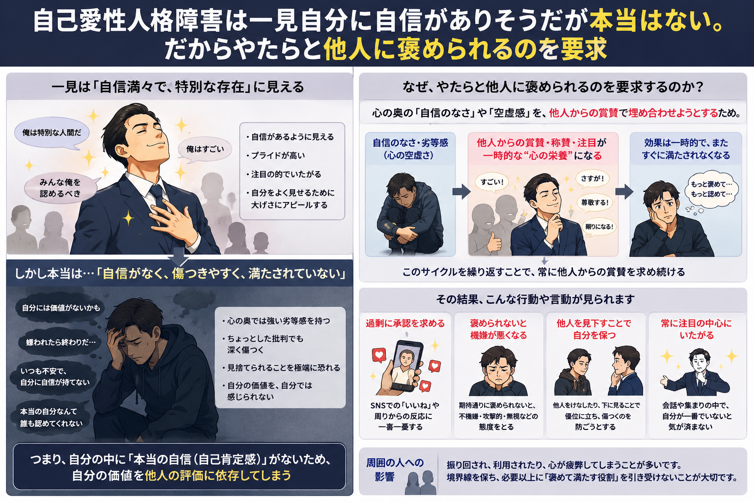 【悲報】自己愛性人格障害、一見「自信満々」に見えるのに実は真逆だった…だから他人からの賞賛を異常に求めるらしい