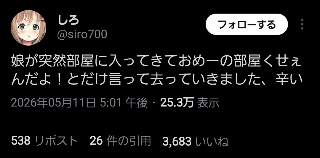 大物漫画家「娘が部屋に入ってきて『おめーの部屋くせぇんだよ！』と言ってきたんよ、辛いわー」